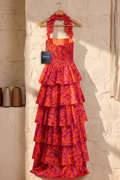 Orange and Purple Abstract Painterly Tiered Halter Maxi Dress orange lightweight woven synthetic tiered halter maxi dress - product view 4