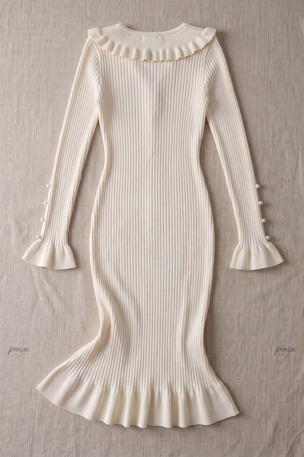 Cream Ribbed Knit Fitted Sheath Midi Dress with Ruffle Trim cream, off-white ribbed knit midi dress - product view 4