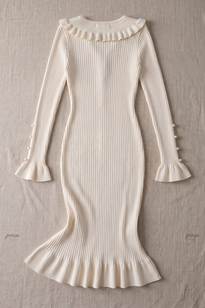 Cream Ribbed Knit Fitted Sheath Midi Dress with Ruffle Trim cream, off-white ribbed knit midi dress - product view 4