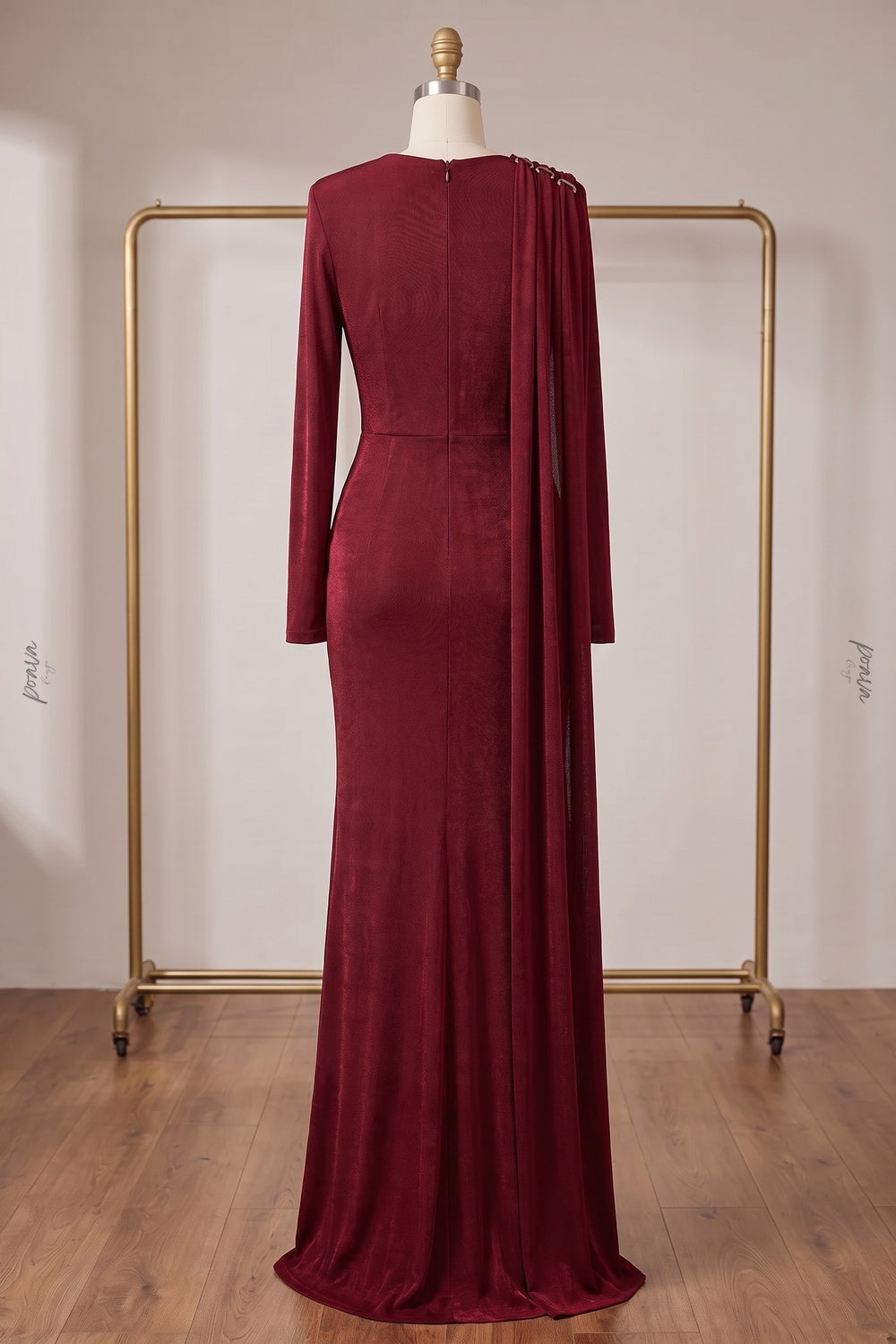 Burgundy Metallic Jersey Column Evening Gown burgundy metallic jersey evening gown - product view 4