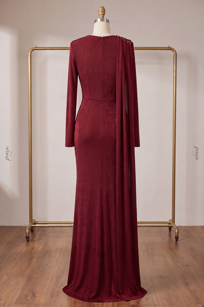 Burgundy Metallic Jersey Column Evening Gown burgundy metallic jersey evening gown - product view 4