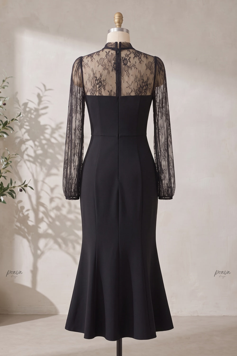 Black Crepe Mermaid Dress with Sheer Floral Lace Sleeves black crepe dress - product view 4