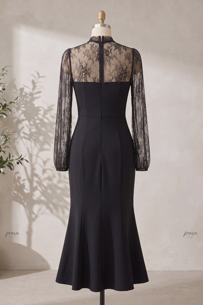 Black Crepe Mermaid Dress with Sheer Floral Lace Sleeves black crepe dress - product view 4