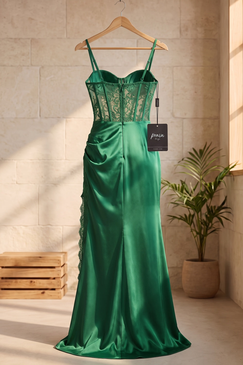 Emerald Green Satin Sheath Evening Gown with High Slit emerald green satin evening gown - product view 4