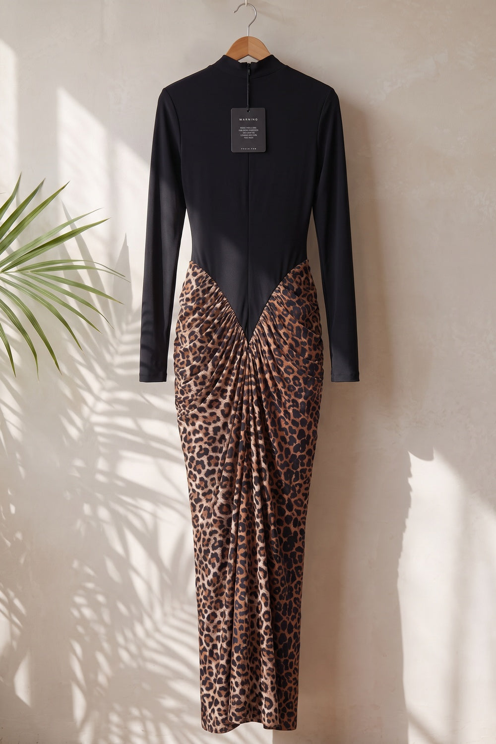 Black Matte Stretch Knit Maxi Dress with Leopard Print Draped Skirt black matte stretch knit maxi dress - product view 4