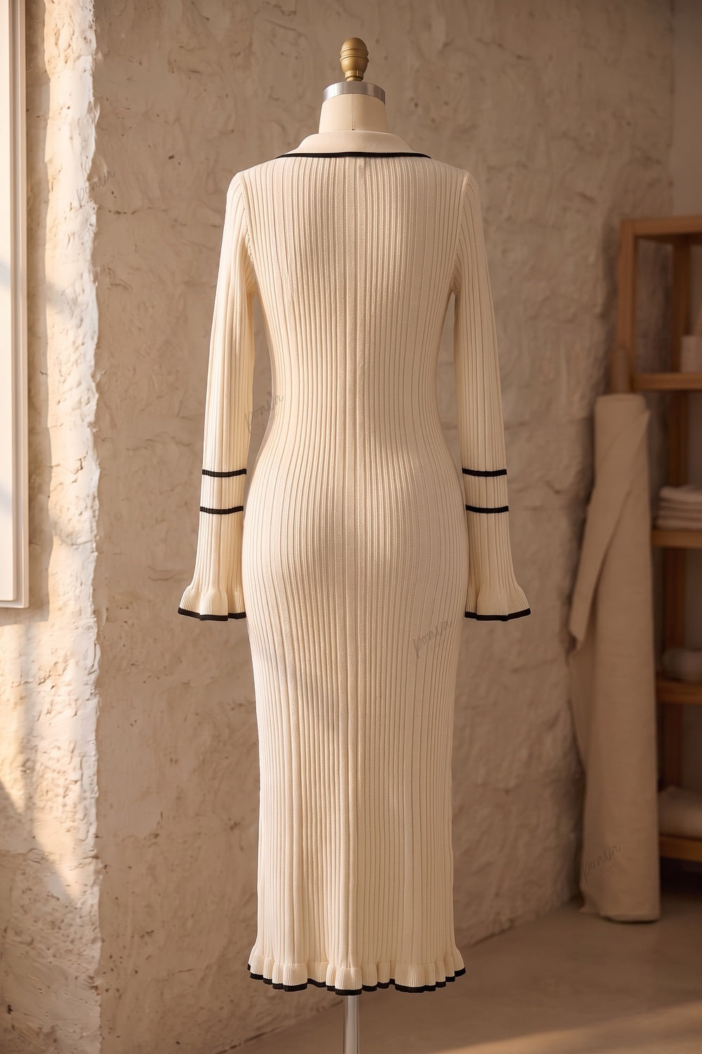 Cream Ribbed Knit Column Dress with Black Contrast Trim cream ribbed knit dress - product view 4