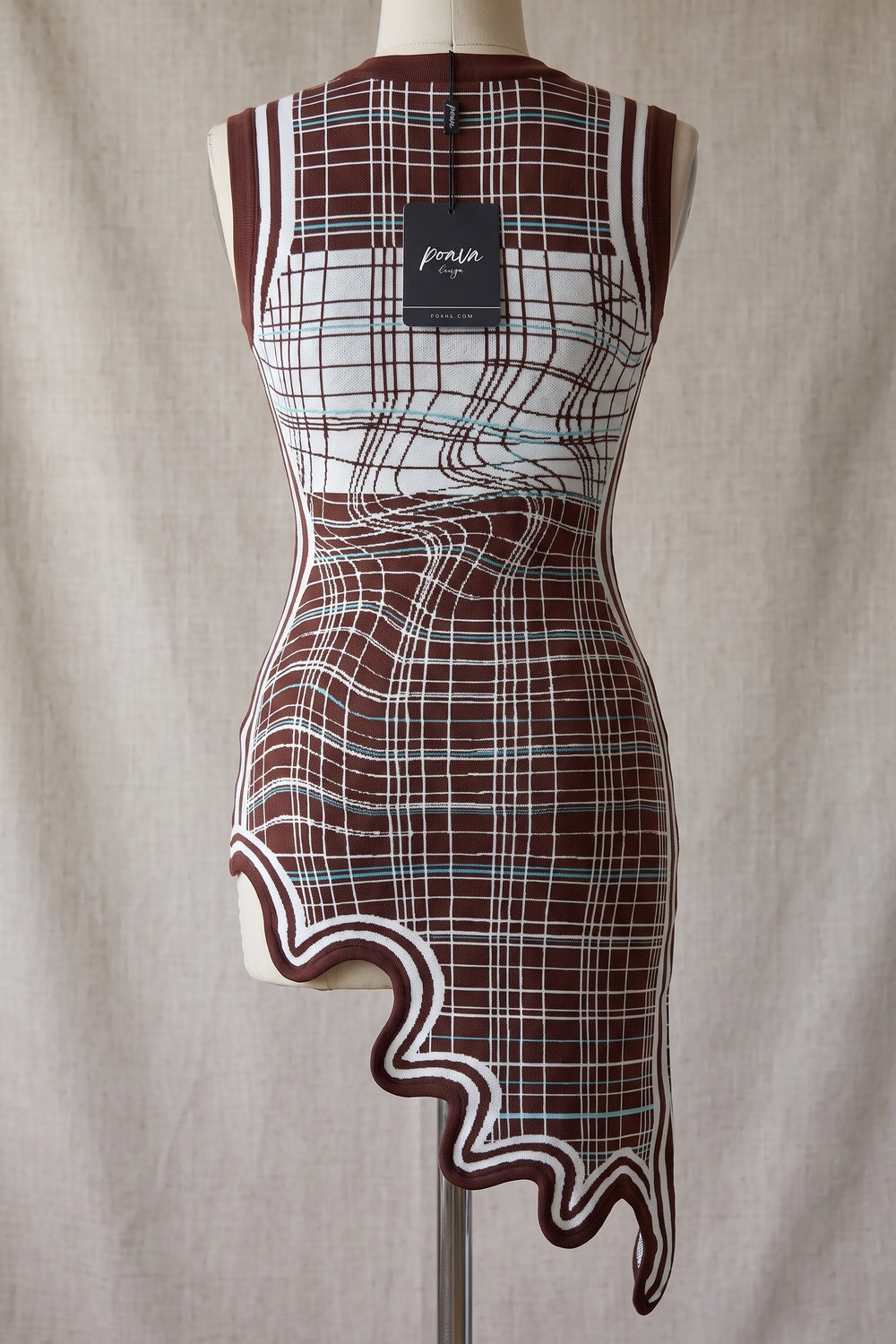 Chocolate Brown Jacquard Knit Bodycon Dress with Asymmetrical Hem chocolate brown, white jacquard knit dress - product view 4