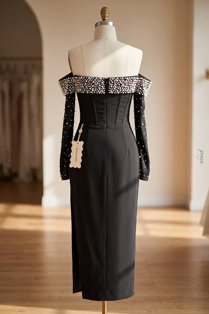 Black Heavy Stretch Crepe Column Evening Gown with Pearl Embellishment black heavy stretch crepe evening gown - product view 4