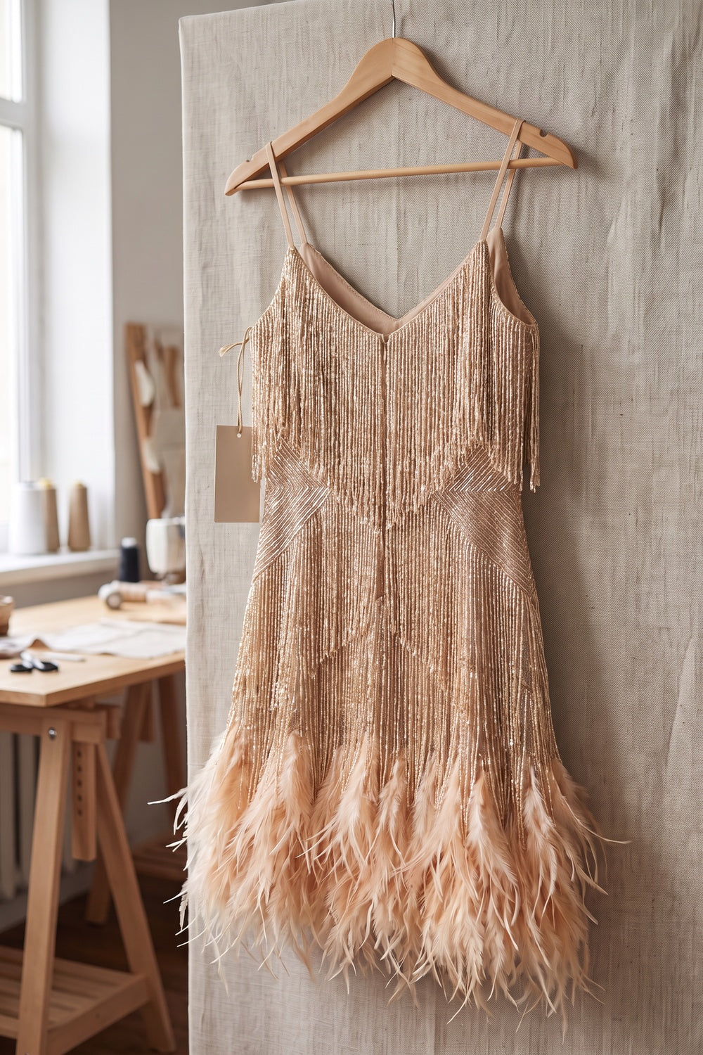Champagne Gold Metallic Thread Fringe A-Line Dress champagne gold metallic thread fringe dress - product view 4