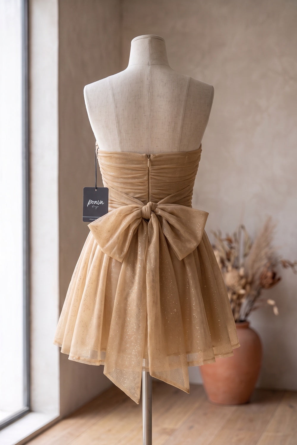 Gold Tulle Mesh Overlay Fit-and-Flare Mini Dress gold, champagne tulle mesh overlay dress - product view 4