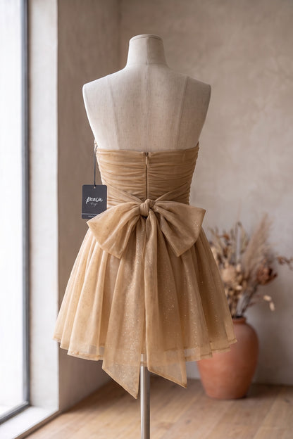 Gold Tulle Mesh Overlay Fit-and-Flare Mini Dress gold, champagne tulle mesh overlay dress - product view 4