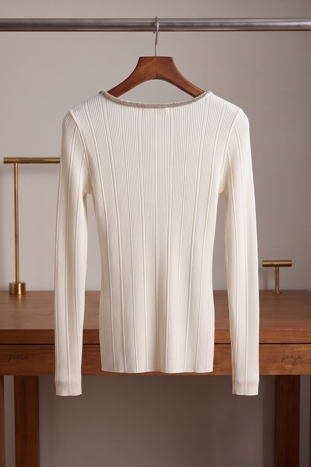 Ivory Ribbed Knit Top with Metallic Beaded Scoop Neckline ivory, off-white ribbed knit knit top - product view 4