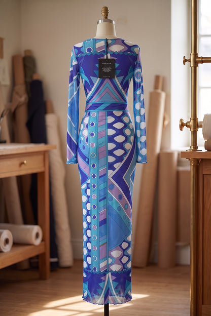 Blue Purple Geometric Abstract Column Maxi Dress in Stretch Mesh blue, purple stretch mesh maxi dress - product view 4