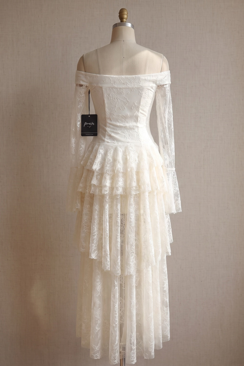 Ivory Floral Lace Off-Shoulder A-Line Maxi Dress with Tiered Ruffles ivory, cream floral lace dress - product view 4