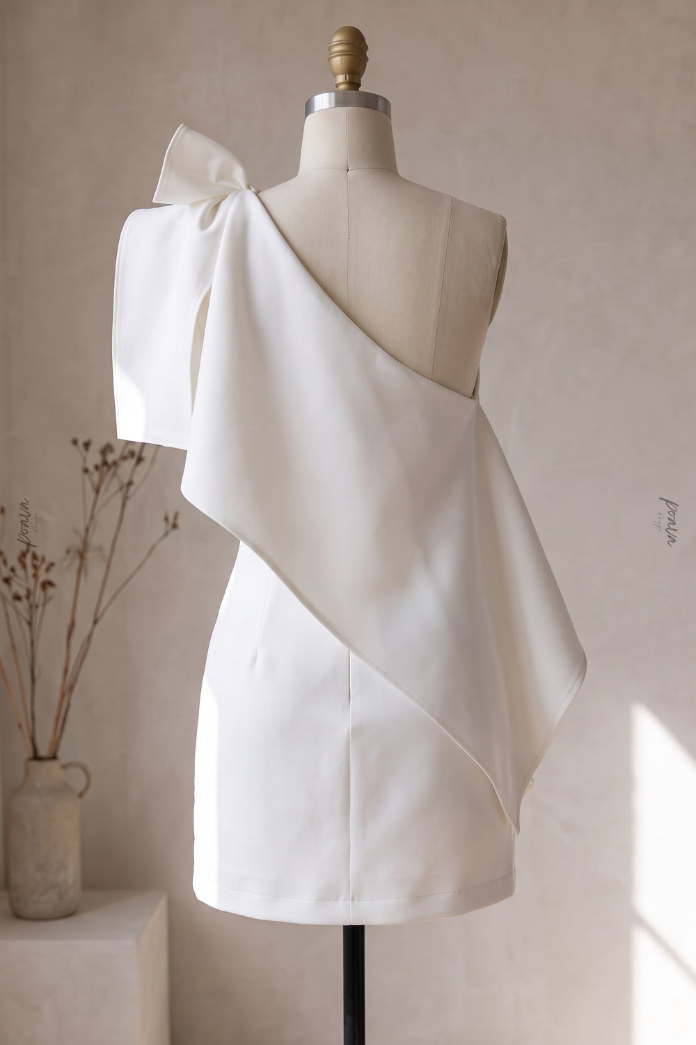 White Structured One-Shoulder Mini Dress with Asymmetrical Draping white structured heavy satin or gazar dress - product view 4