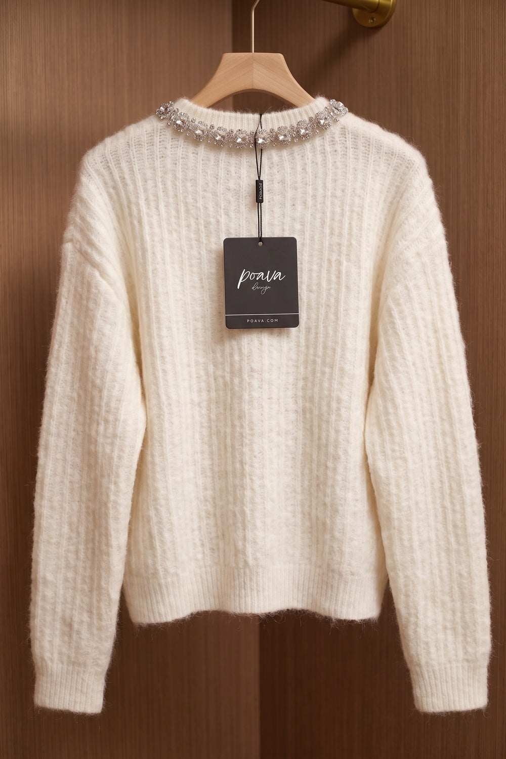 Off-White Mohair Cardigan with Rhinestone Trim off-white mohair-blend knit cardigan - product view 4