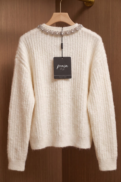 Off-White Mohair Cardigan with Rhinestone Trim off-white mohair-blend knit cardigan - product view 4