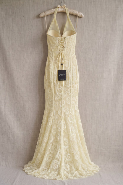 Pale Yellow Floral Lace Mermaid Gown pale yellow floral lace gown - product view 4