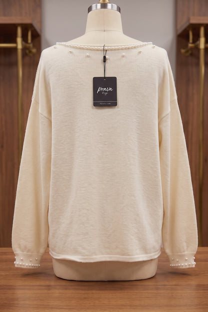 Relaxed Cream Knit Sweater with Pearl Bead Embellishments cream, off-white fine-gauge knit sweater - product view 4
