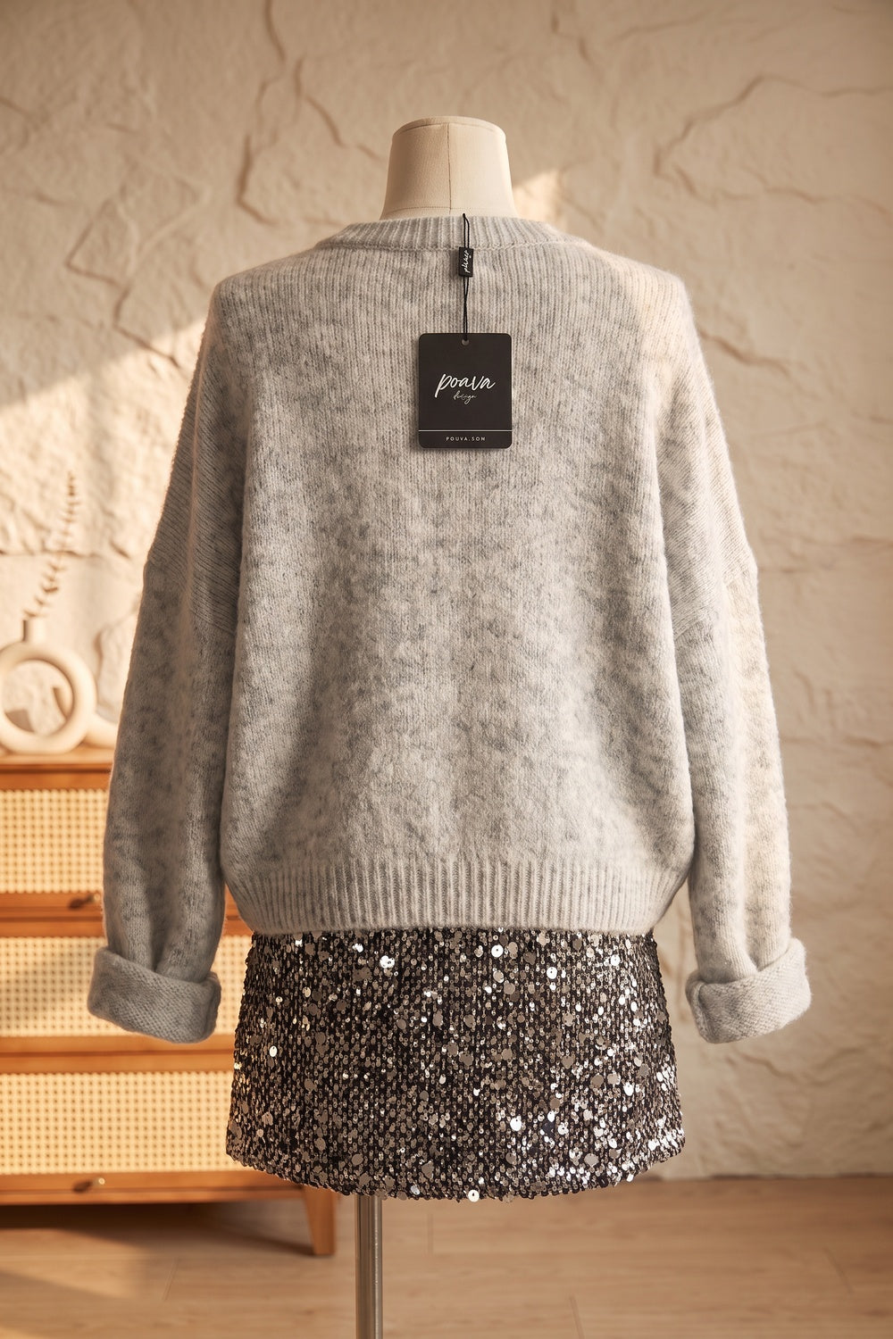 Heather Grey Fuzzy Knit Sweater with Sequin Mini Skirt Two-Piece Set Heather grey, Silver, Black Fuzzy, heathered knit (sweater); sequined woven fabric (skirt) Two-piece outfit (sweater and skirt) - product view 4