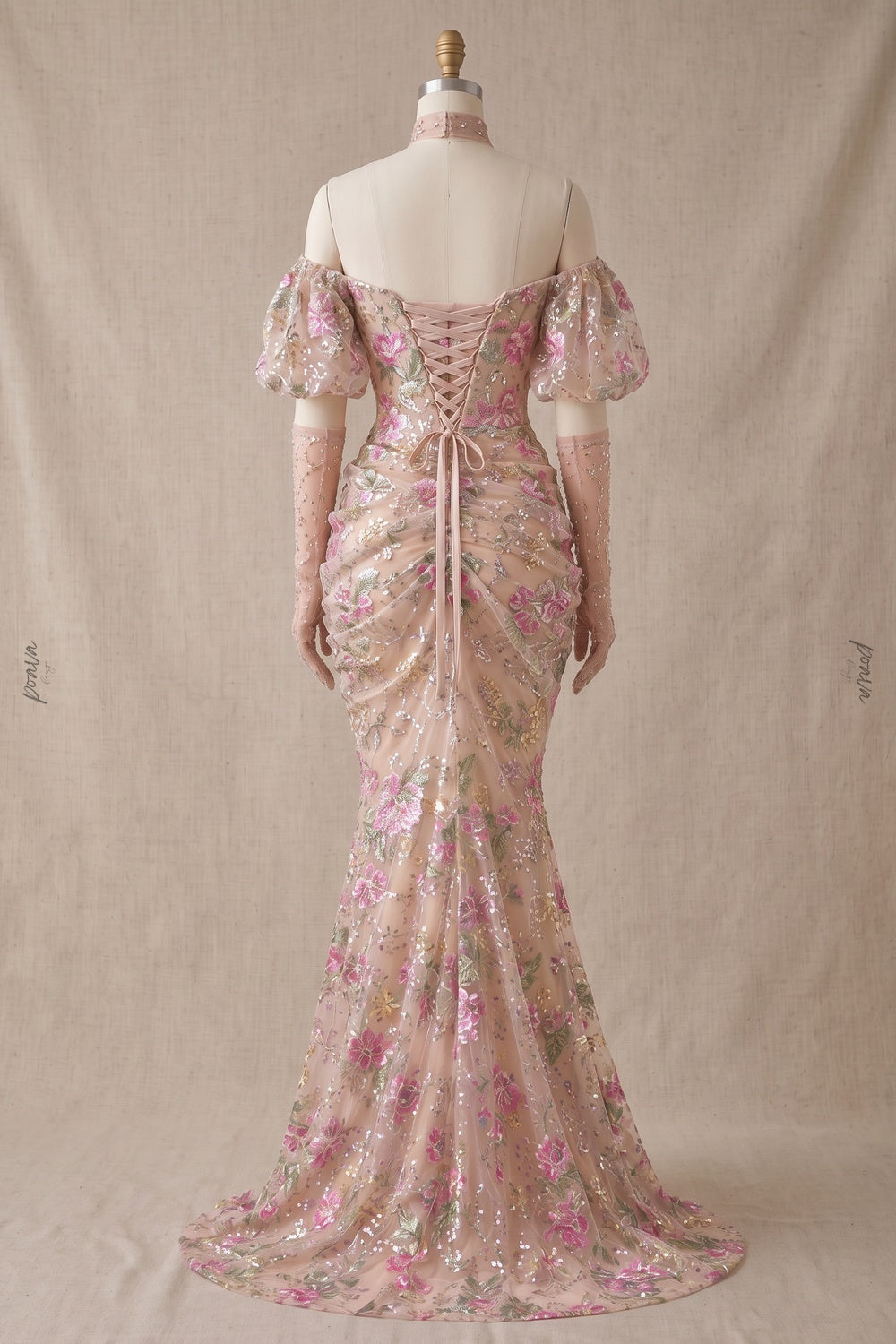 Nude Embroidered Tulle Mesh Mermaid Gown with Floral Sequin Detailing nude, beige embroidered tulle mesh gown - product view 4