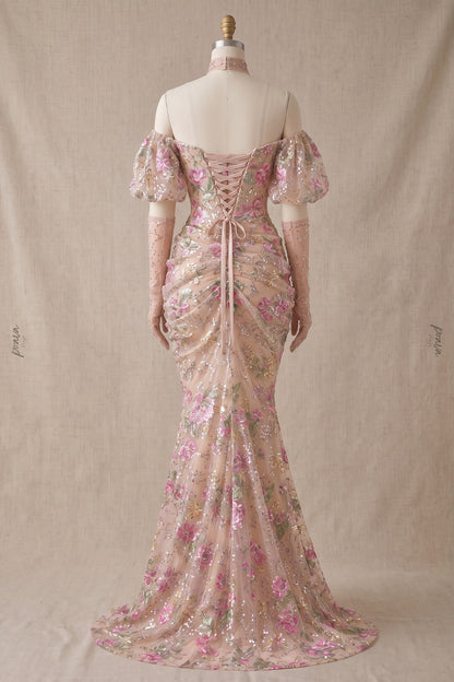 Nude Embroidered Tulle Mesh Mermaid Gown with Floral Sequin Detailing nude, beige embroidered tulle mesh gown - product view 4