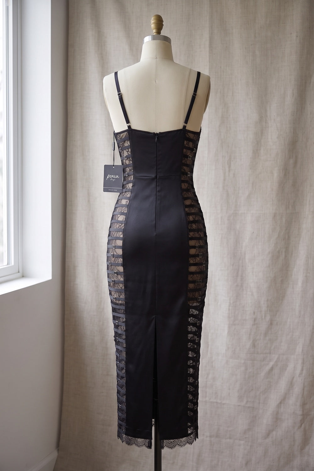 Black Satin Sheath Dress with Lace Side Panels black satin dress - product view 4