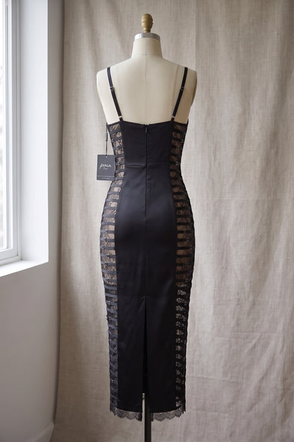 Black Satin Sheath Dress with Lace Side Panels black satin dress - product view 4