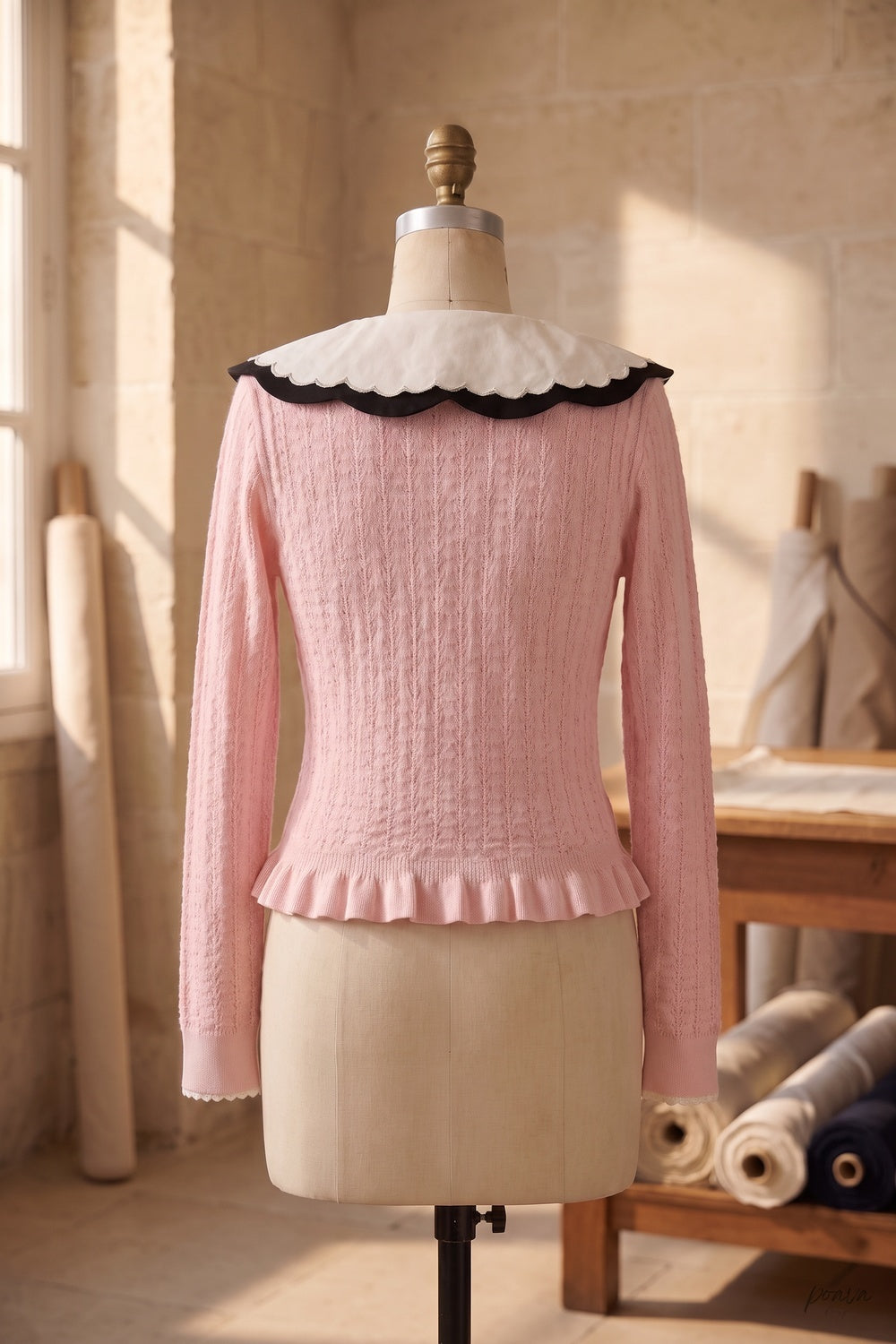 Light Pink Textured Knit Fitted Ruffled Hem Cardigan light pink textured knit cardigan - product view 4