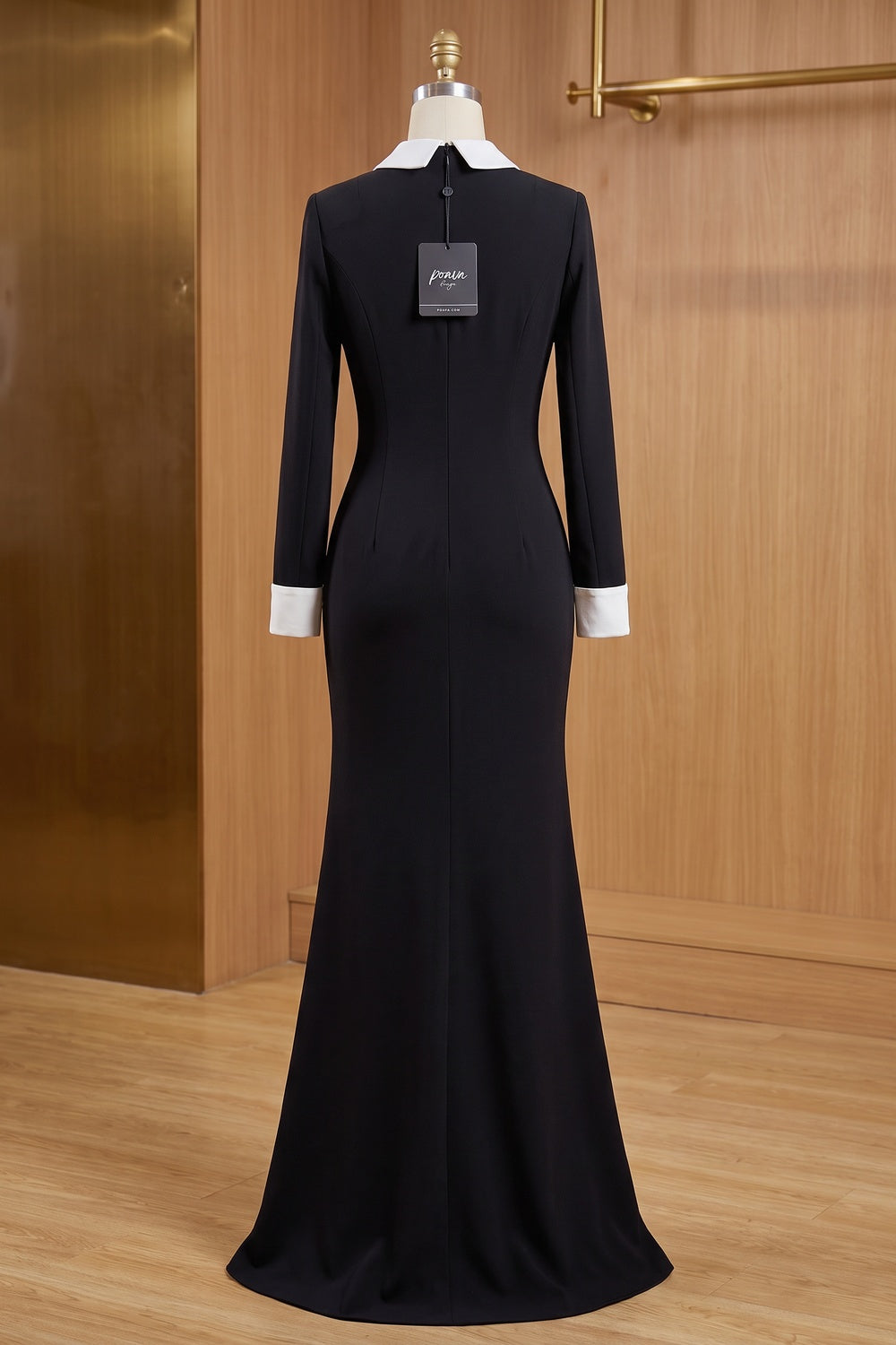 Black Structured Crepe Mermaid Gown with Crystal Embellishment black structured crepe gown - product view 4