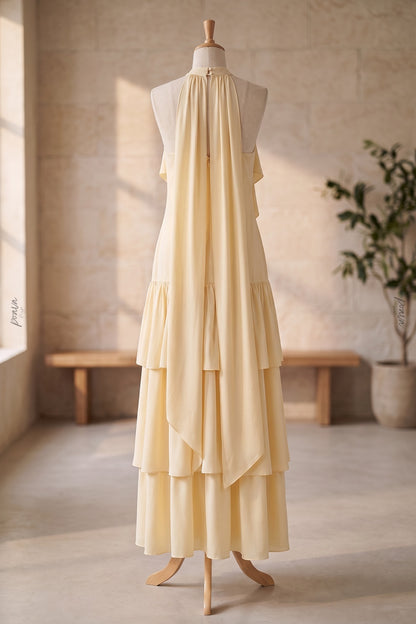Pale Yellow Tiered A-Line Maxi Dress with Cascading Ruffles pale yellow lightweight crepe or georgette maxi dress - product view 4