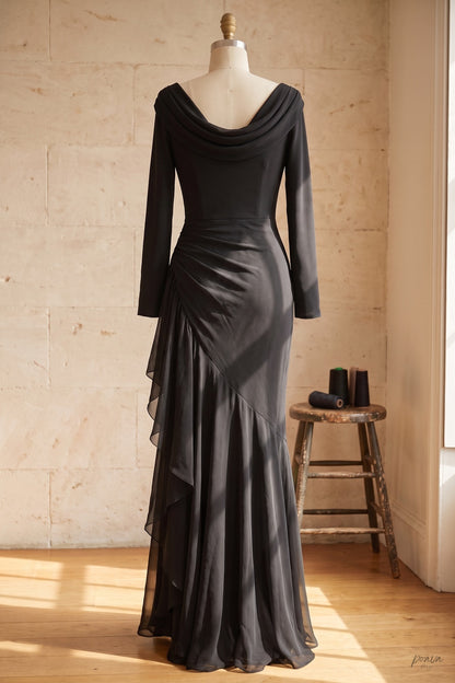 Black Mermaid Evening Gown with Sheer Ruffle Detail black opaque matte crepe evening gown - product view 4