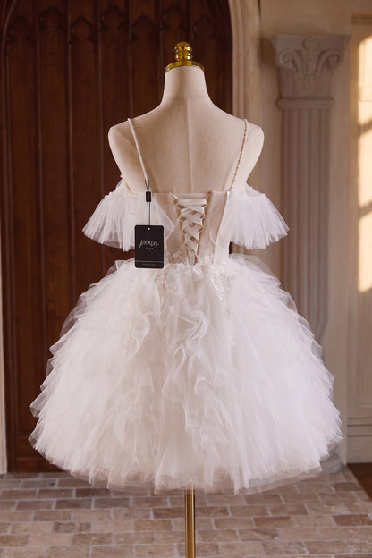 White Tulle Fit-and-Flare Mini Dress with Floral Lace Appliqué white tulle dress - product view 4