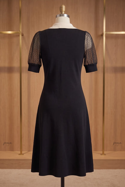 Black Fine Knit A-Line Dress with Contrast Collar black fine knit dress - product view 4