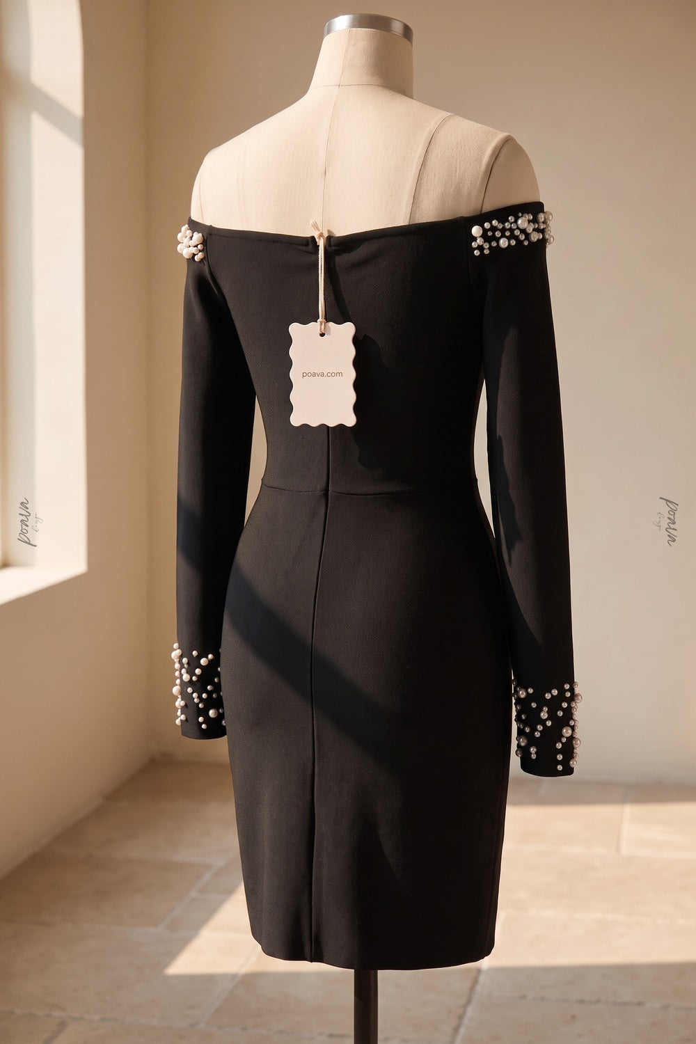 Black Off-the-Shoulder Bodycon Mini Dress with Pearl Embellishment black heavy stretch knit dress - product view 4