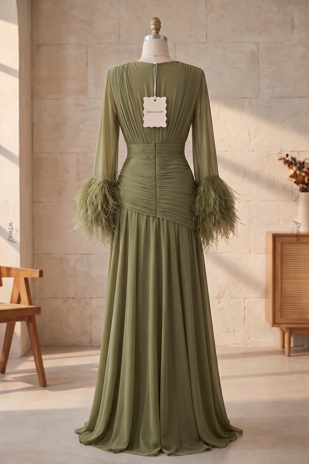 Olive Green Chiffon A-Line Evening Gown with High Slit and Feather Cuffs olive green chiffon evening gown - product view 4