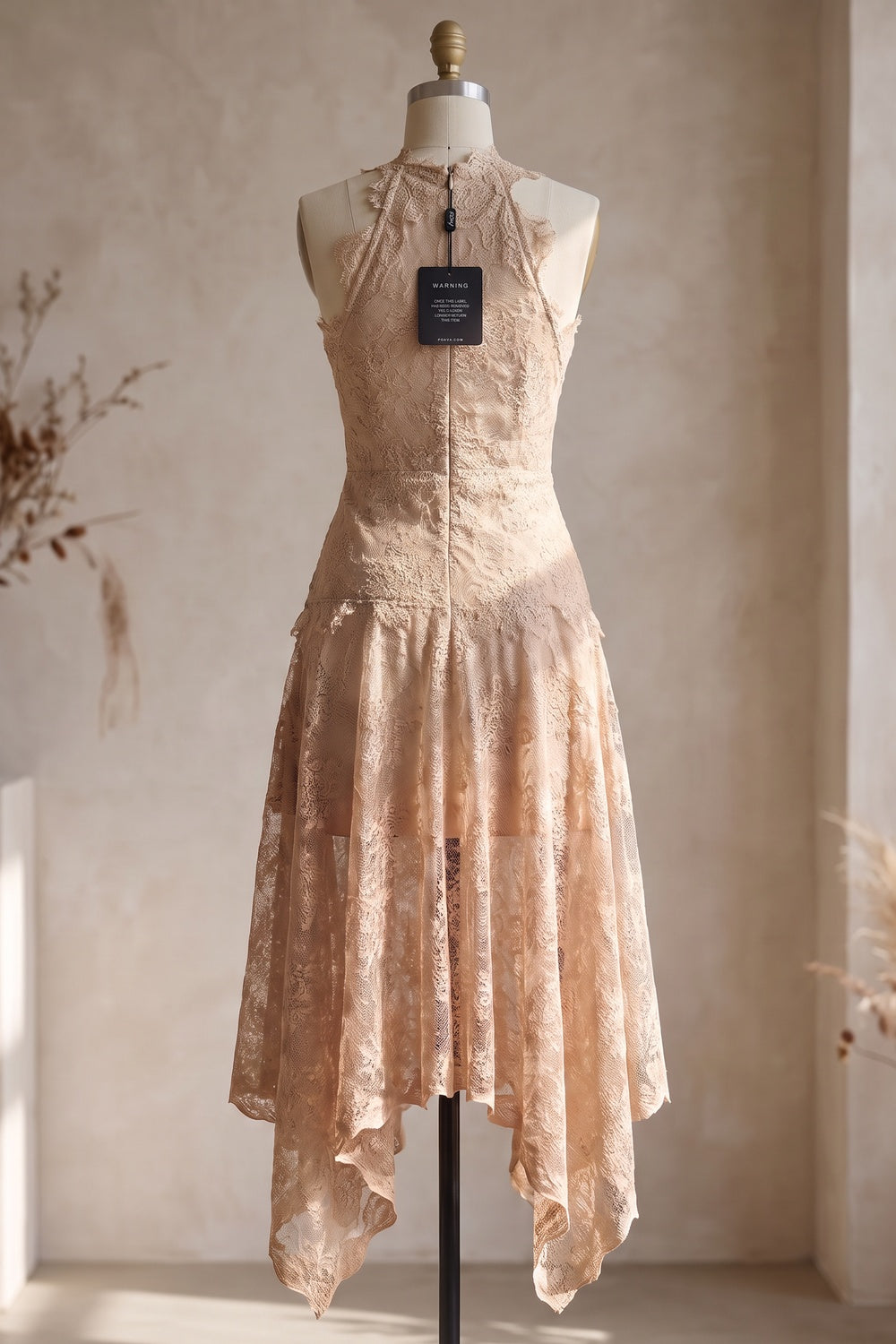 Beige Corded Floral Lace A-Line Midi Dress with Asymmetrical Hem beige, champagne corded floral lace dress - product view 4