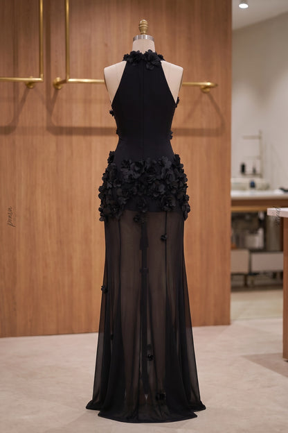 Black Crepe Fitted Bodice with Flowing Sheer Skirt Gown black crepe gown - product view 4