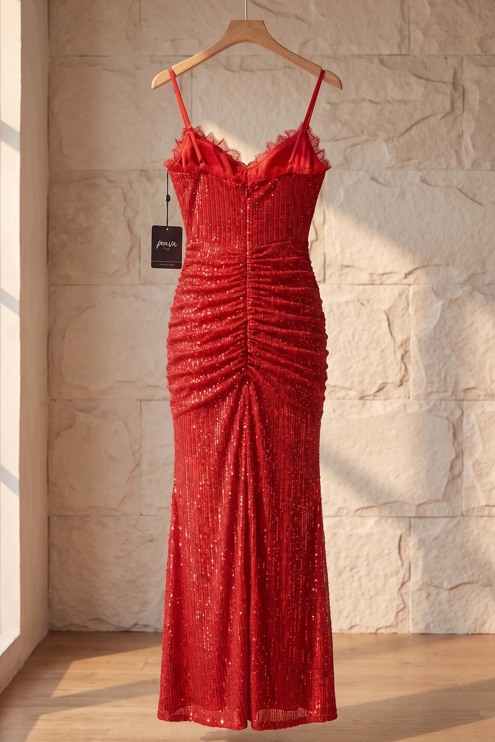 Red Sequined Mesh Bodycon Column Evening Gown red sequined mesh evening gown - product view 4