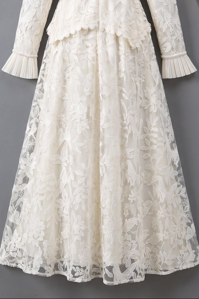 Ivory Floral Embroidered Lace A-line Maxi Dress with Tiered Waist Overlay Ivory Floral embroidered lace Maxi dress - product view 3