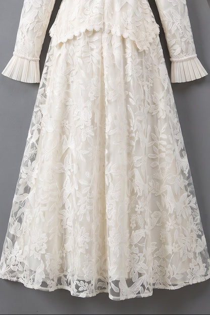 Ivory Floral Embroidered Lace A-line Maxi Dress with Tiered Waist Overlay Ivory Floral embroidered lace Maxi dress - product view 3