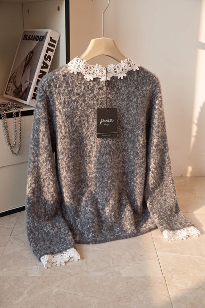 Grey Fuzzy Marled Knit Boxy, Slightly Cropped Cardigan grey, white fuzzy marled knit cardigan - product view 4