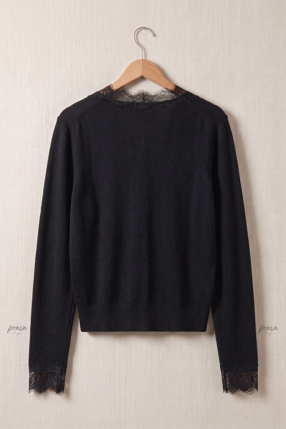 Black Fine Knit Fitted Cardigan with Lace Trim black fine knit cardigan - product view 4
