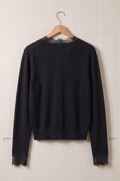 Black Fine Knit Fitted Cardigan with Lace Trim black fine knit cardigan - product view 4