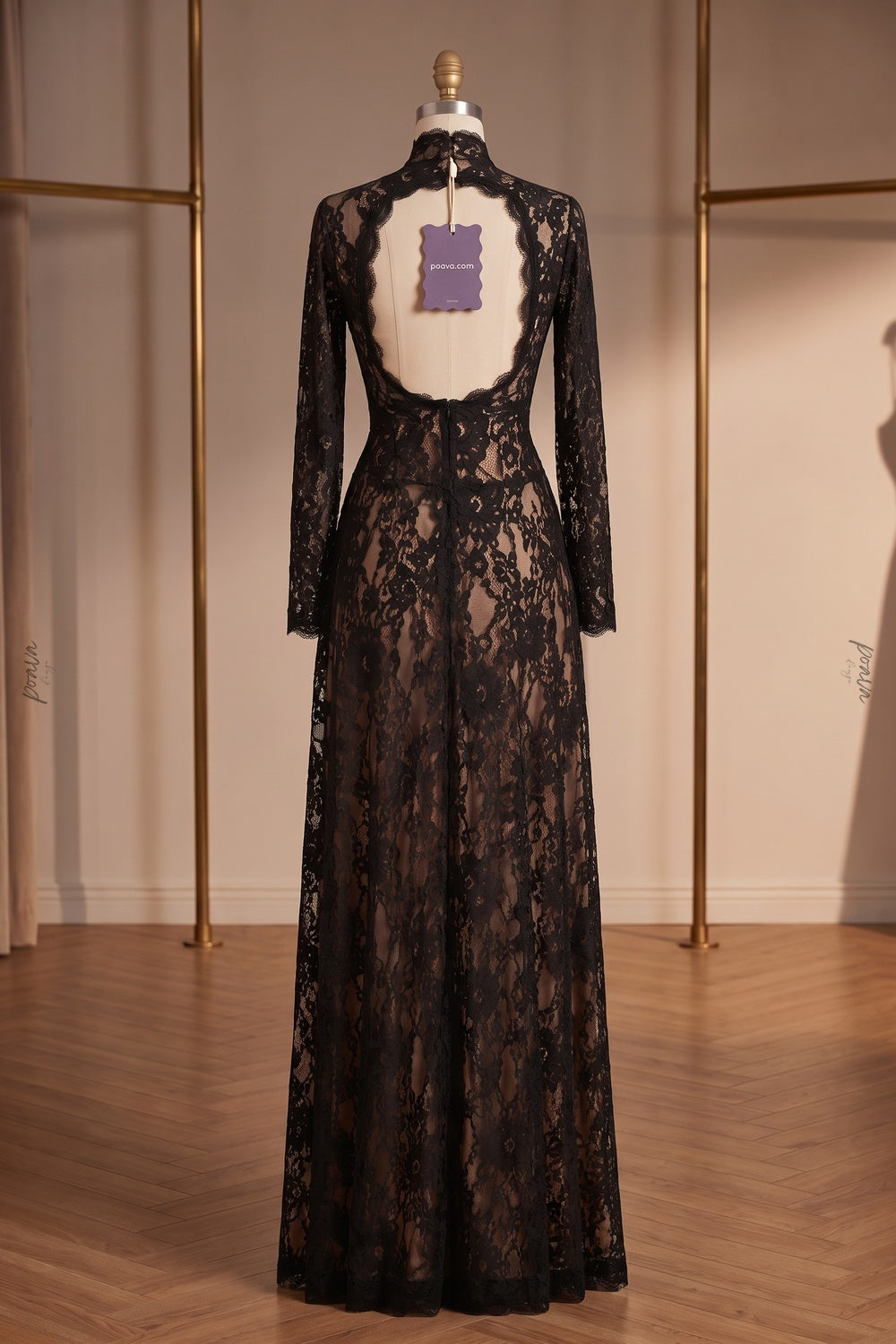 Black Floral Lace Column Gown with Front Slit and Cutouts black lace gown - product view 4