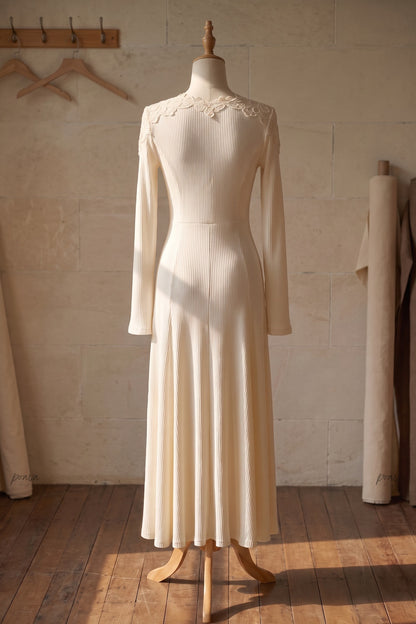 Cream Ribbed Knit Maxi Dress with Lace V-Neck cream, off-white, beige, light purple fine ribbed knit maxi dress - product view 4