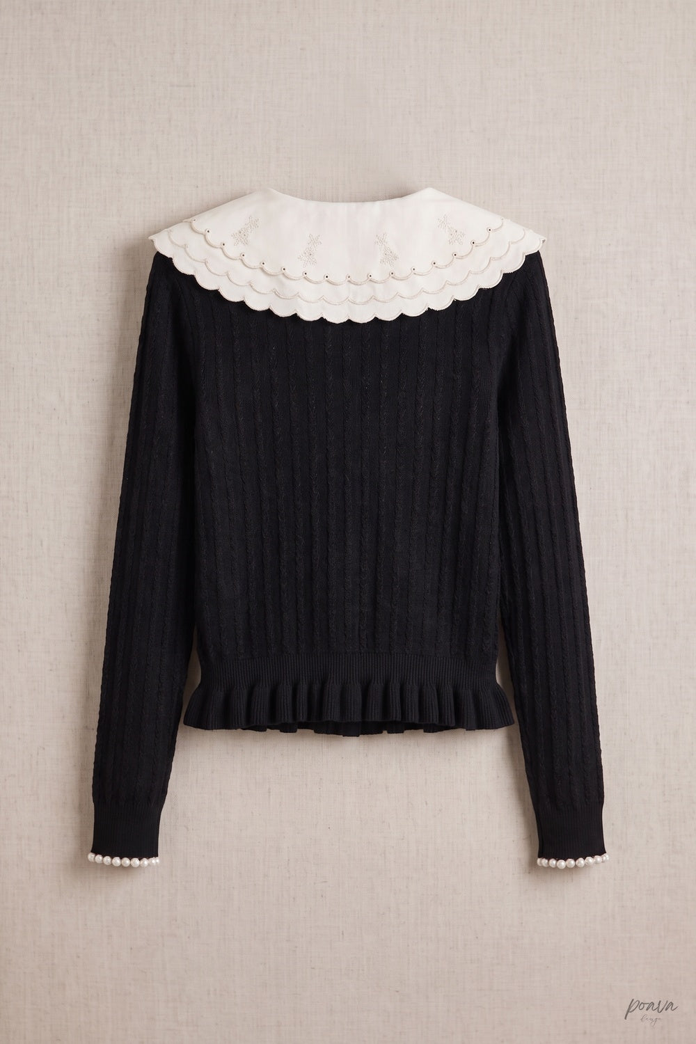 Black Peplum Cardigan with White Scalloped Collar Black Fine knit blend Cardigan - product view 4