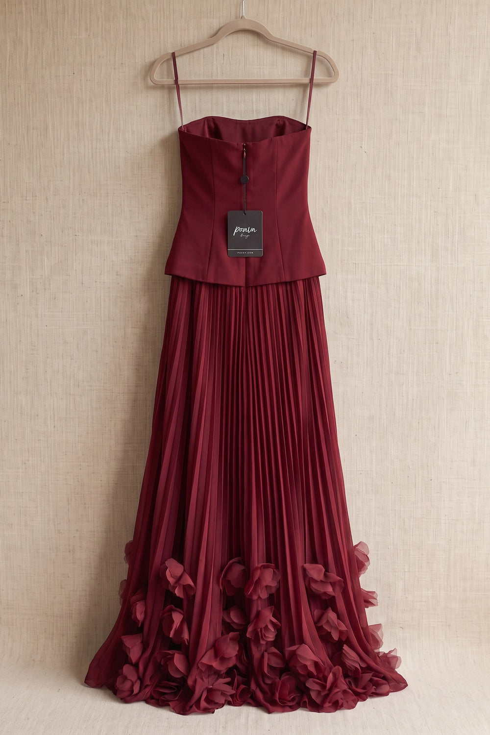Burgundy Matte Crepe Bodice Drop-Waist Column Gown burgundy matte crepe bodice, chiffon skirt gown - product view 4