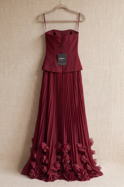 Burgundy Matte Crepe Bodice Drop-Waist Column Gown burgundy matte crepe bodice, chiffon skirt gown - product view 4