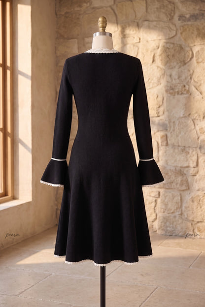Black Heavy Compact Knit Fit-and-Flare Dress with White Scalloped Trim black heavy compact knit dress - product view 4